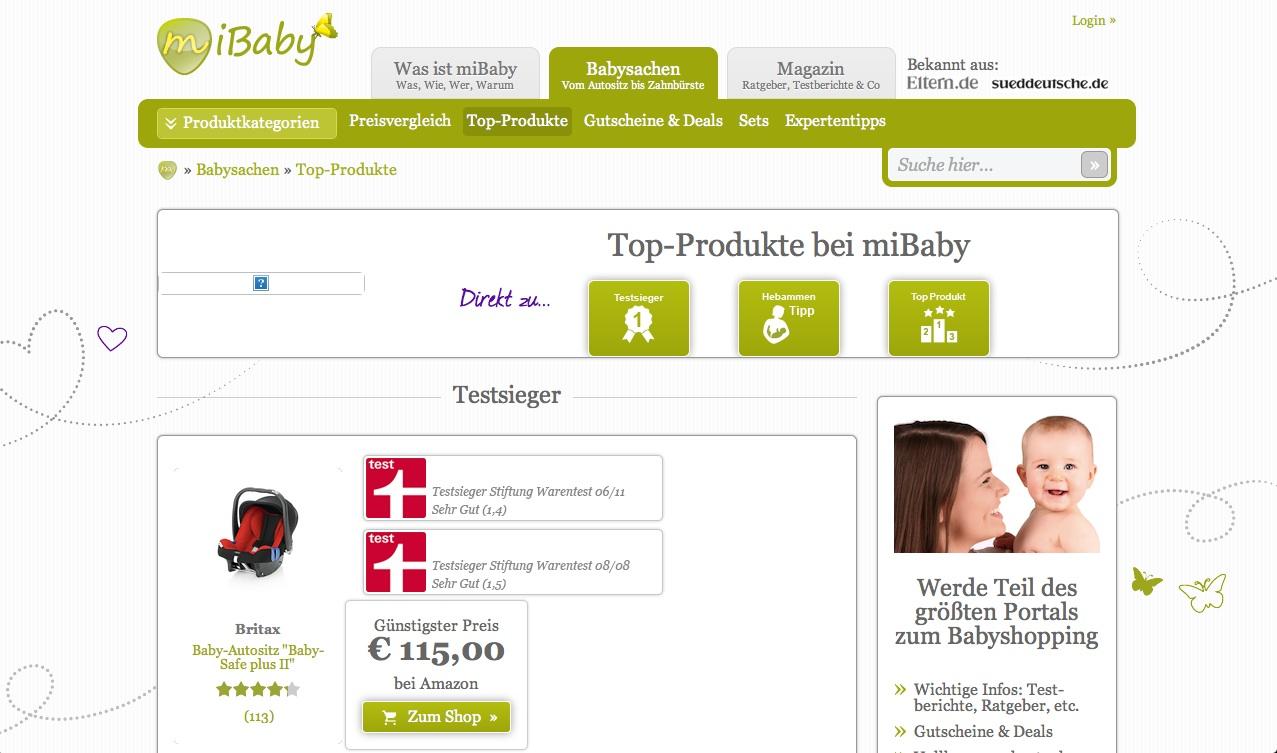 Produkt-Seite von miBaby - Onlineportal und Ratgeber für junge Eltern