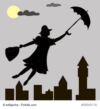 Mary Poppins in the sky with an umbrella